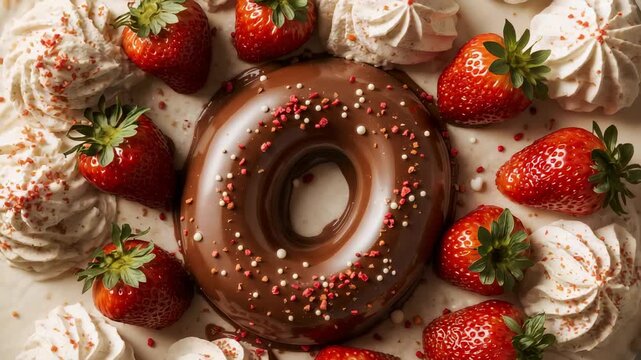 Chocolate-glazed donut sitting on light dining table with strawberries and whipped cream rosettes