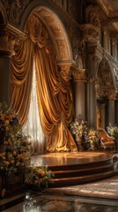 Opulent Stage with Golden Drapery and Glowing Spotlight