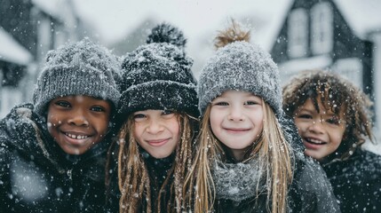 Diverse Children Smiling in Winter Clothing During Snowfall