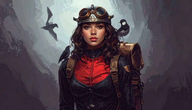 Woman in steampunk attire, birds, cave setting