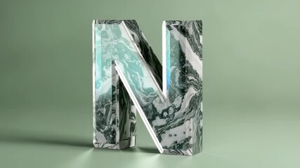 Starting marble 3D letter N rotating on green backdrop, revealing veins with blue highlights - Powered by Adobe