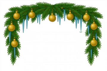Christmas garland border decorating with green pine branches, golden baubles, and blue icicles on transparent background