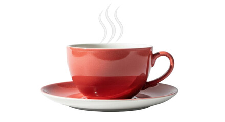 Isolated Red and White Ceramic Coffee Cup with Saucer on Table, with Steam rising up
