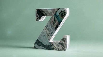 Starting camera orbit, marble-textured letter Z rotating on mint backdrop, showing shifting veins - Powered by Adobe
