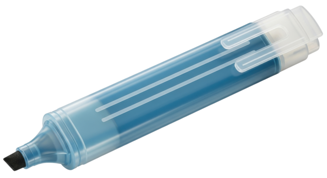 Isolated blue highlighter, writing tool with translucent barrel, cap, and black felt tip