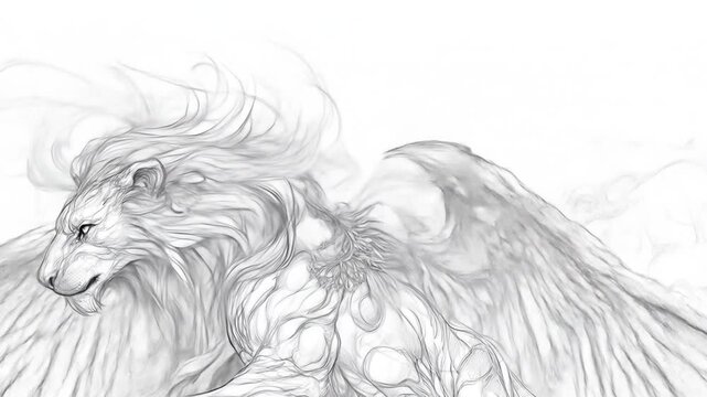Mythical winged lion illustration in black and white for conceptual designs