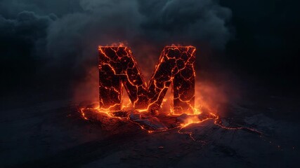 Emerging orange glow igniting molten fissures as letter M rising on rocky plateau, smoke drifting - Powered by Adobe