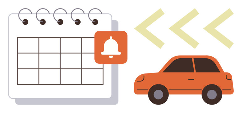 Open calendar with a notification bell next to a moving car and arrows. Ideal for time management, task planning, scheduling appointments, transportation, travel planning, punctuality, simple flat