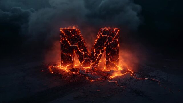 Emerging orange glow igniting molten fissures as letter M rising on rocky plateau, smoke drifting