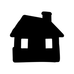 Silhouette of simple house with chimney- Black silhouette of a small house with windows and chimney, symbolizing home, shelter, real estate, housing, and family living