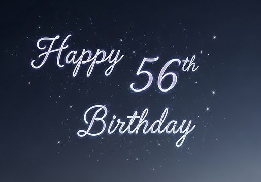 Elegant White Glitter "Happy 56th Birthday" Script with Subtle Particles on Dark Blue Background