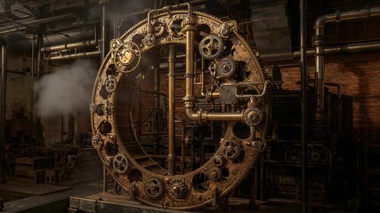 Seeping steam from pipe joint causing gear assembly turning cogs in workshop, powering machinery - Powered by Adobe