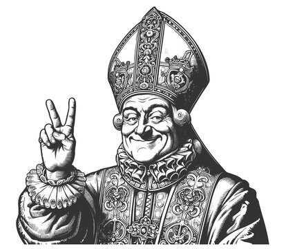 bishop in ornate ceremonial robes and tall mitre hat, smiling while holding up a peace gesture sketch engraving generative ai fictional character raster illustration. Scratch board. Black and white.