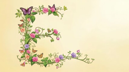 Displaying letter E entwining with green vines, flowers and butterflies on pale beige, copy space - Powered by Adobe