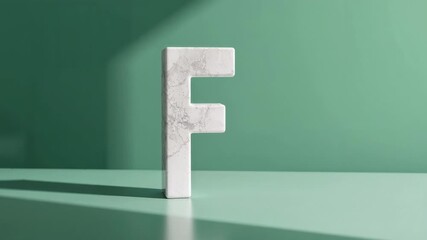 Shining soft light from left casting shadow shifting across mint-green table around marble letter F - Powered by Adobe