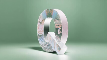 Starting large 3D letter Q spinning clockwise on mint green studio floor, showcasing marble front - Powered by Adobe