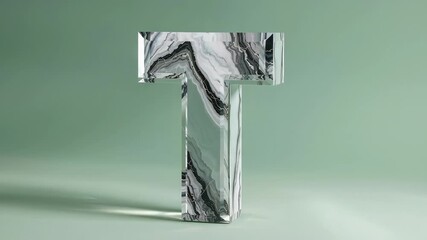 Marbled-glass letter T rotating around axis on pale green surface as time advances, showing pattern - Powered by Adobe