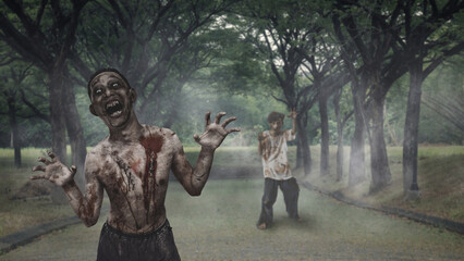 Scary male zombies with wounds and blood were walking on the street surrounded by trees. The scene...
