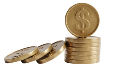 Isolated stack of gold dollar coins, banking, wealth, finance, saving money, investing well