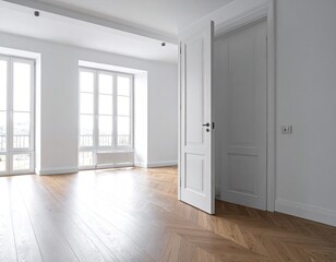 Empty room with parquet flooring, large windows, and a white door