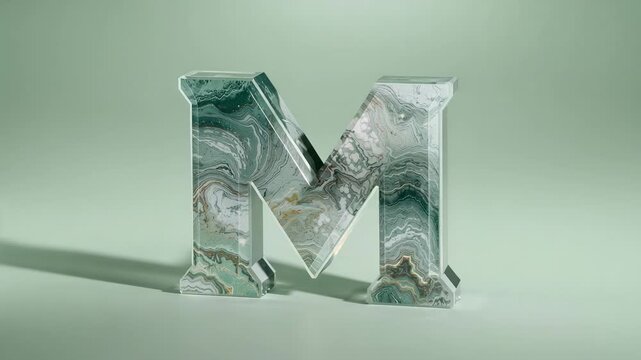Rotating freestanding 3D letter M slowly on pale green plane after pause, revealing marble facets - Powered by Adobe