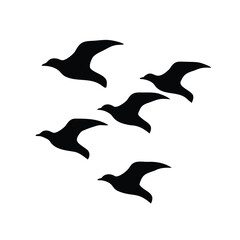 Six Black Silhouetted Birds Flying Together in Formation against a White Background
