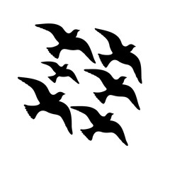 Birds flying in formation creating a simple, striking black silhouette image