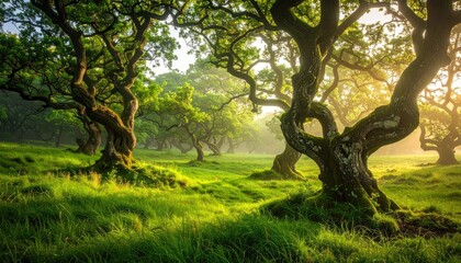Sunlit ancient trees in a lush green meadow