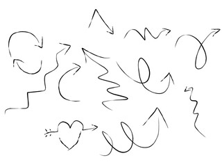 Collection of hand drawn black arrows isolated on white background, each uniquely styled, perfect for adding a creative touch to design projects