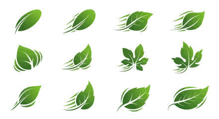 Collection of stylized green leaves with motion blur effect.