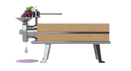 Isolated grape press machine for wine making, with grapes and grape juice coming out