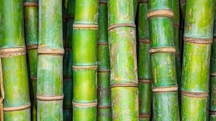 Close up view of many green bamboo stalks.