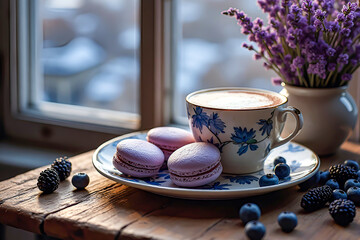 French macarons in a cafe on a plate on a table next to a cup of coffee, a bunch of lavender, scattered blueberries and blackberries against a backdrop of a winter landscape outside a window.