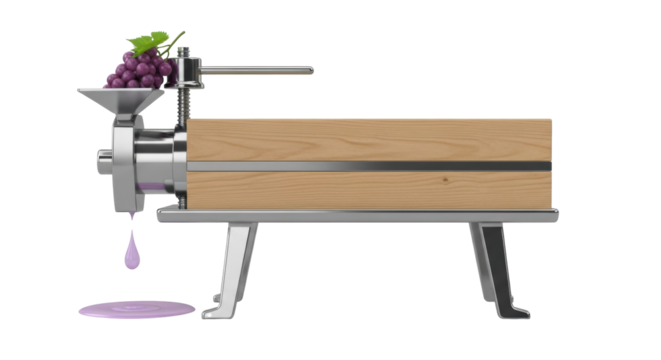 Isolated grape press machine for wine making, with grapes and grape juice coming out