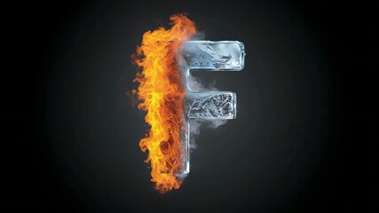 Letter F appearing and flickering with fire and ice sides in dark studio, highlighting contrast - Powered by Adobe