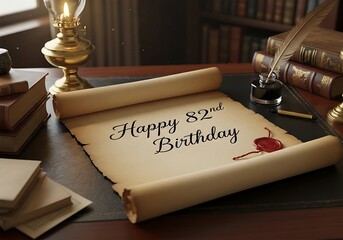 Happy 82nd Birthday on a vintage parchment scroll with quill and ink in an old library setting.