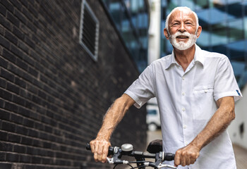 Person, entrepreneur and employee with bicycle, transportation and sustainability. Businessman with bicycle standing in the city.