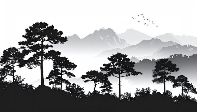 Black and white landscape with pine trees and mountains - Powered by Adobe