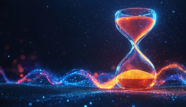 Glowing hourglass with flowing particles, symbolizing time against a dark, starry background