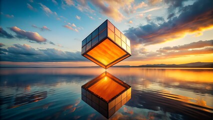 Floating cube reflecting on water at sunset