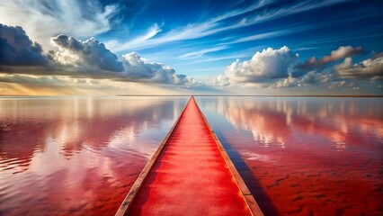 Red pier leading into a pink salt lake