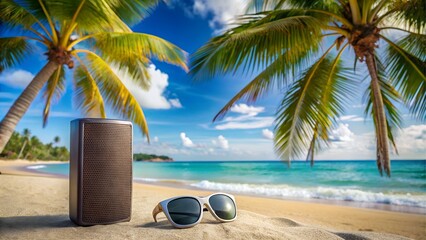 Portable speaker and sunglasses on a sandy beach