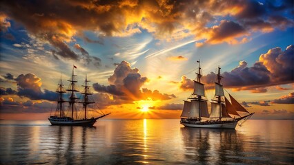 Two sailing ships on the ocean at sunset