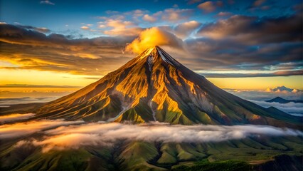 Majestic volcano peak at sunrise with golden light