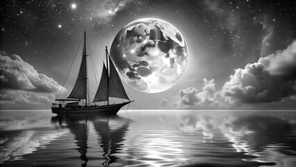 Sailboat on the ocean under a full moon