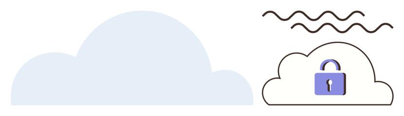 Cloud icon with a purple padlock and network waves emphasizing security, data protection, and privacy. Ideal for technology, cybersecurity, privacy policy, IT services, digital safety, encryption