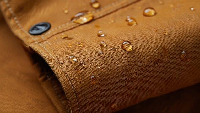 Water drops on brown textured fabric, repelling liquid