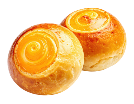 Two round, golden-brown buns filled with swirls of orange-yellow jam or custard