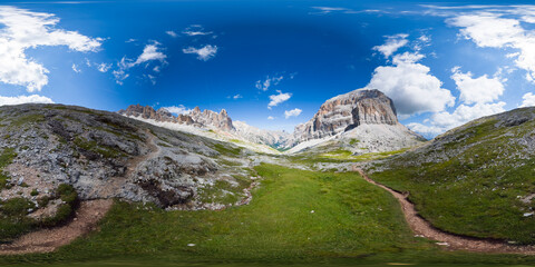 Hiking at Passo Falzarego - Cortina d'Ampezzo - Italy - Equirectangular 360 degree landscape