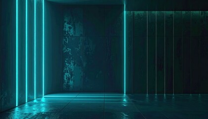 Teal, neon-lit, futuristic interior